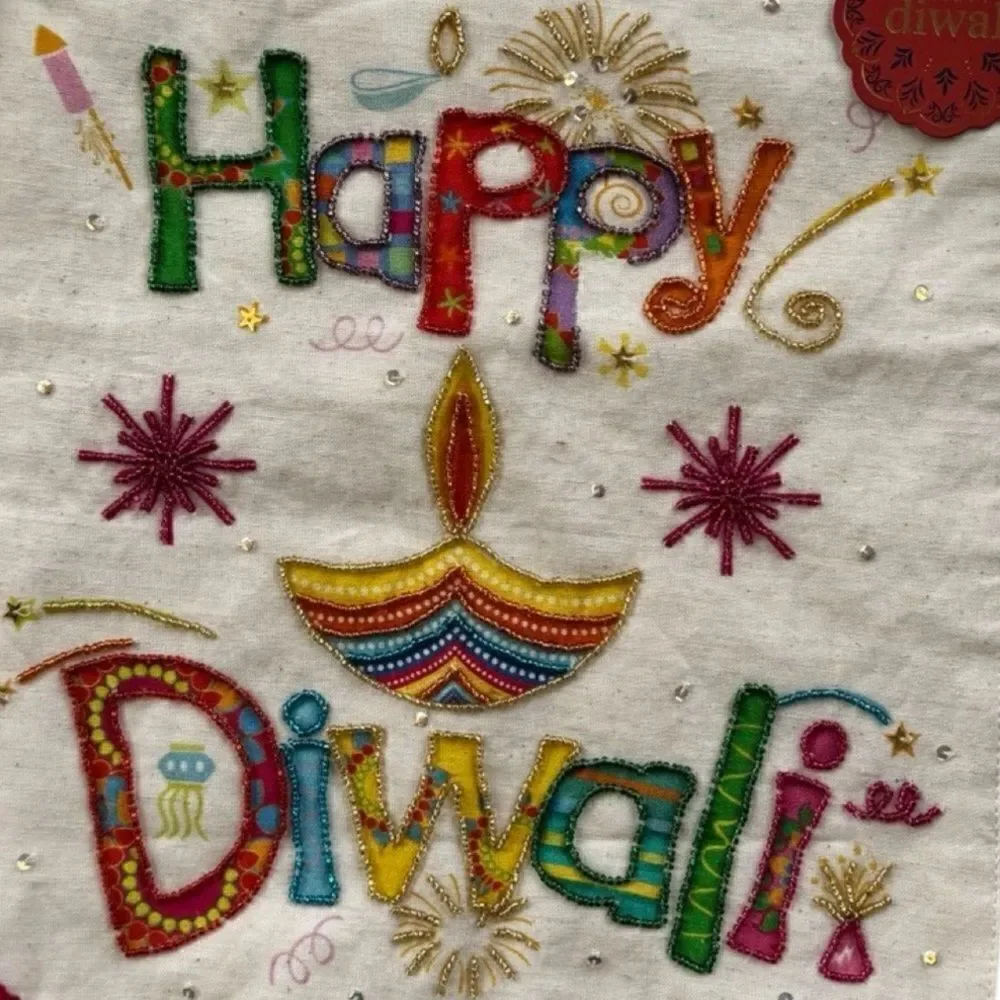 Happy Diwali Sequin Beaded Tassel Pom Fringed Cotton Banner NWT
